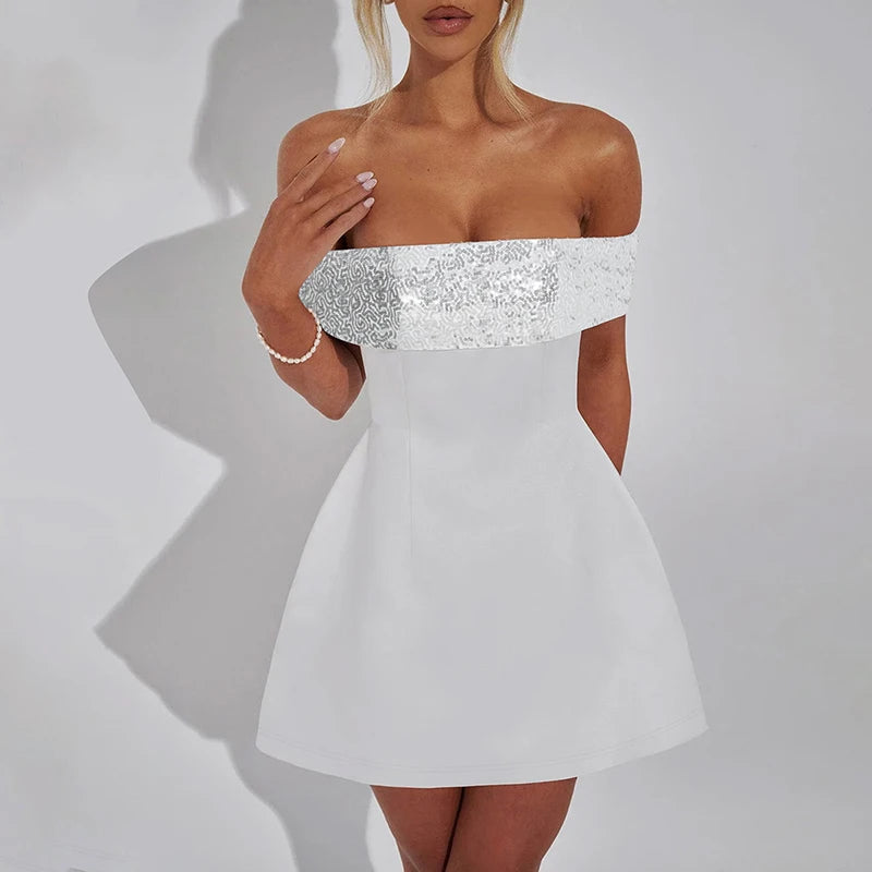 Mozision Off-shoulder Sequins Strapless Sexy Mini Dress Women Fashion Sleeveless Backless Sparkle High Waist Club Sexy Dress