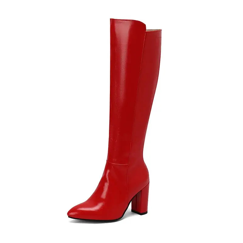 REAVE CAT Sexy Female Knee High Boots Pointed Toe Chunky Heels 8.5cm Big Size 46 47 48 Fashion Party Women Booties