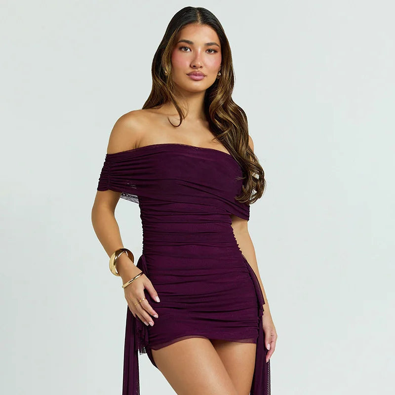 Mozision Off-shoulder Strapless Sexy Mini Dress Women Fashion Mesh Sleeveless Backless Draped Ruched Club Party Dress Female