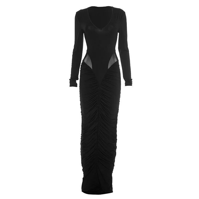 Blifanbo Elegan Deep V Neck Bodycon Maxi Dress Women High Waist Pleated Long Sleeve Solid Patchwork Club Party Long Dress Autumn