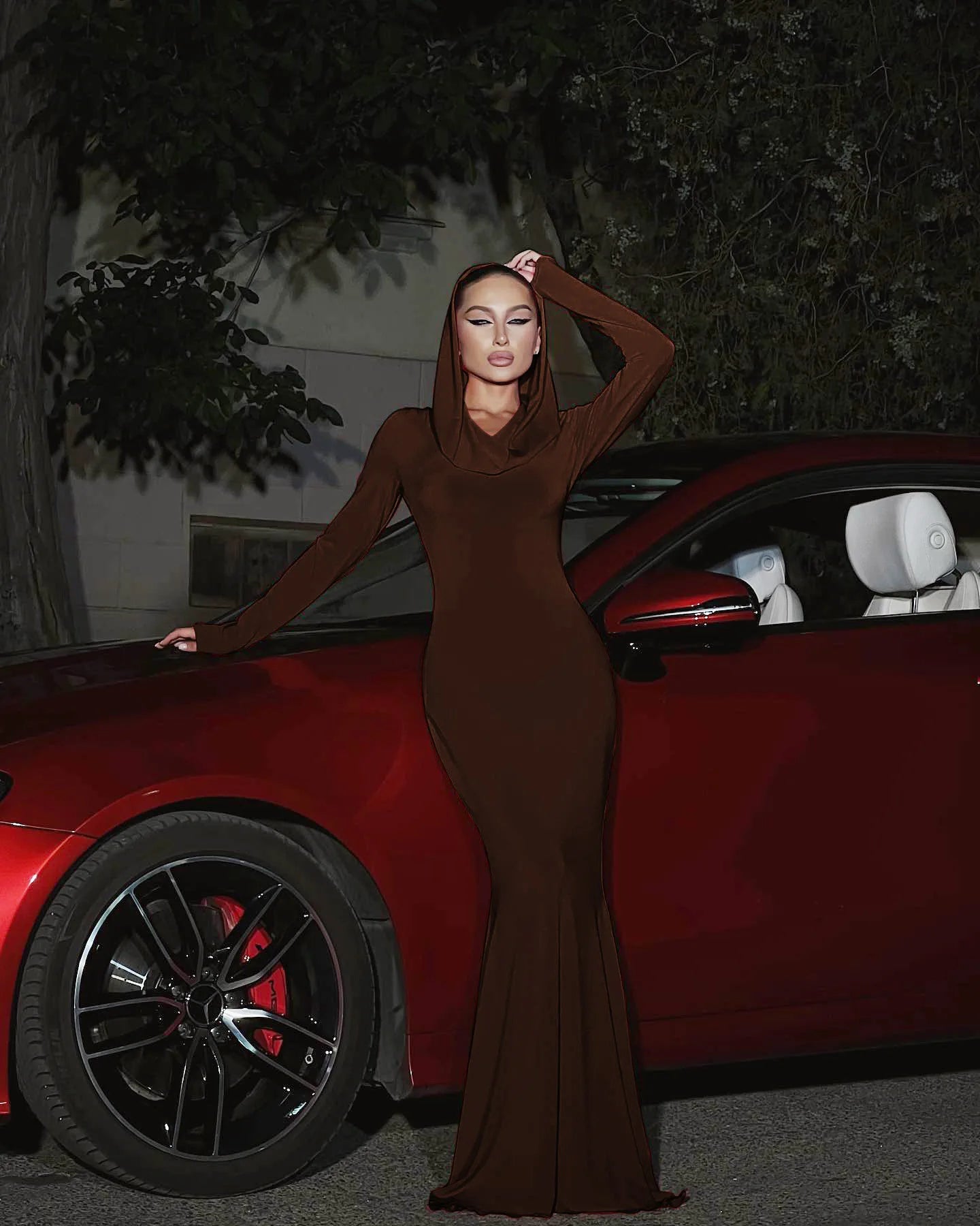 DSMTRC High Street Red Christma Hooded Long Sleeve Maxi Dress for Woman Slim Solid Bodycon Party Vestidos Elegant Autumn Dresses