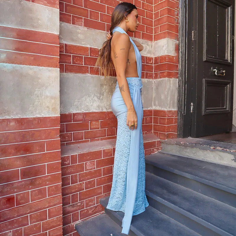 Mozision Halter Deep V Neck Sexy Maxi Dress For Women Elegant Fashion Lace Sleeveless Backless Ruched Bodycon Club Long Dress