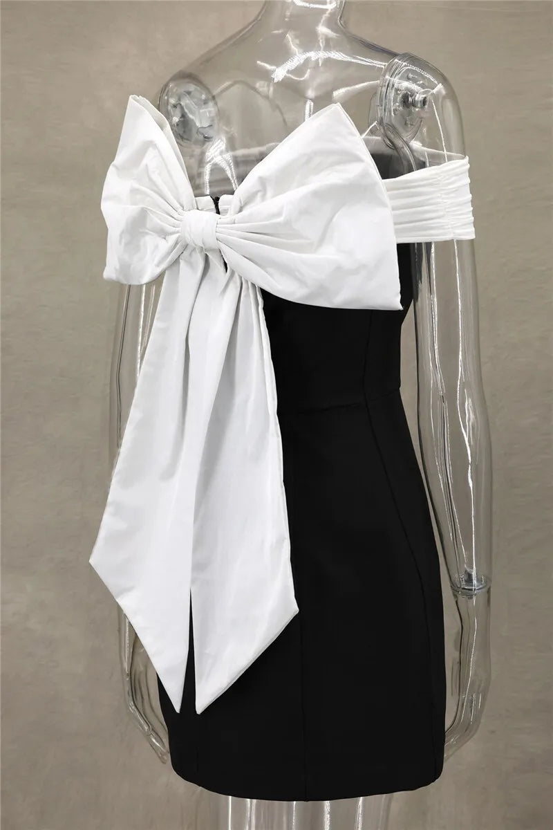 Mozision Bow Backless Sexy Mini Dress For Women Robe Elegant Off-shoulder Strapless Sleeveless A-line Club Sexy Dress Vestido