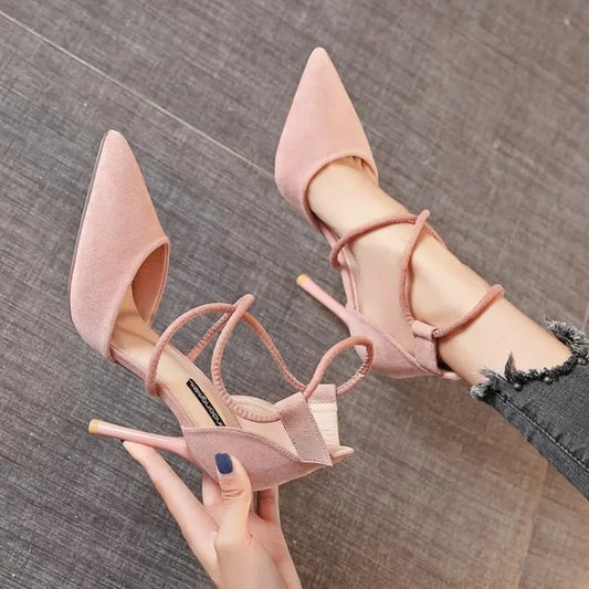 2024 New Cross-strap Roman Sandals Suede High Heels Women's Shoes One-line Buckle Fine Heel Pointed Sandals Zapatos De Mujer Wofashion.xyz