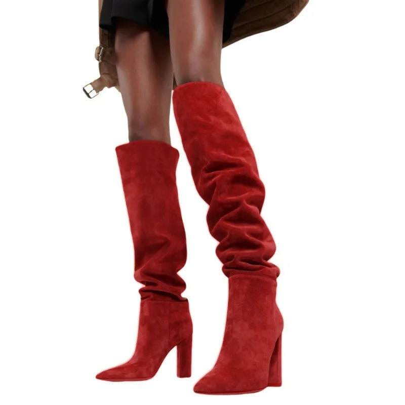 Ladies' Autumn and Winter Suede Thick High-heeled Oversized Knee High Boots, European and American Sexy Versatile Sleeve Boots