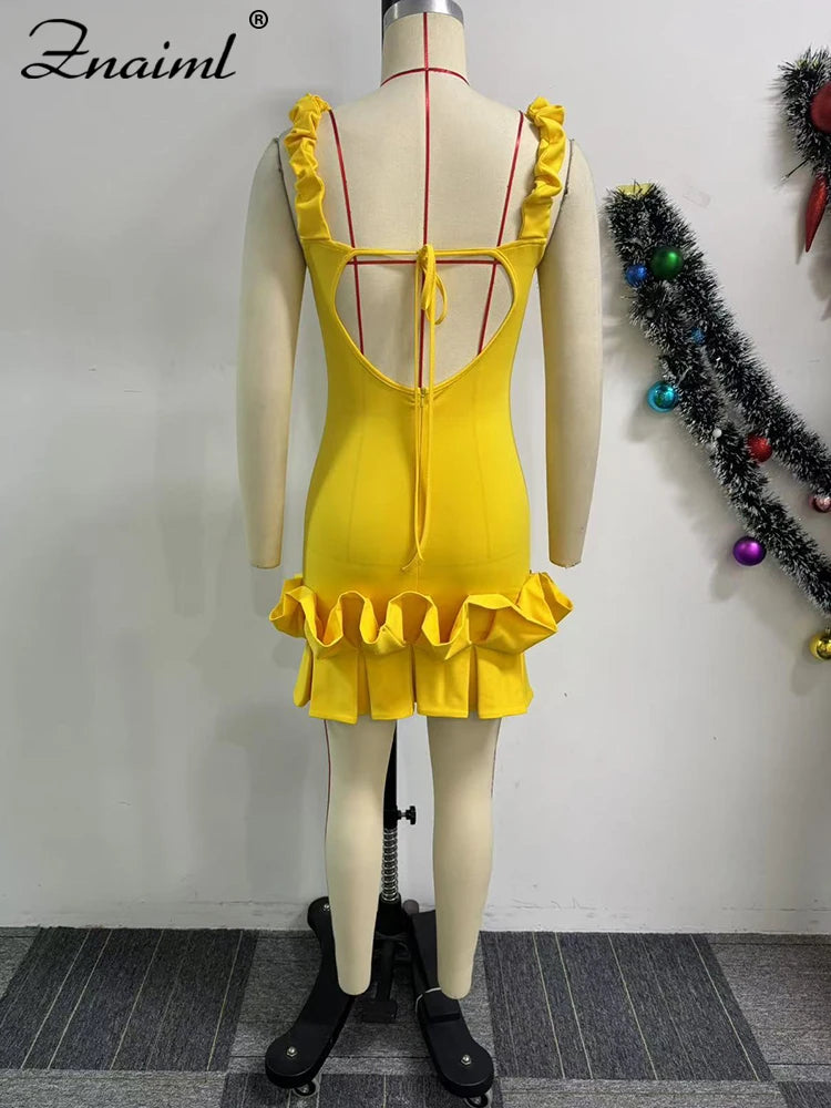 Znaiml Sexy Ruffle Bodycon Spaghetti Strap Sheath Yellow Mini Dresses Women V Neck Backless Birthday Prom Night Evening Vestidos