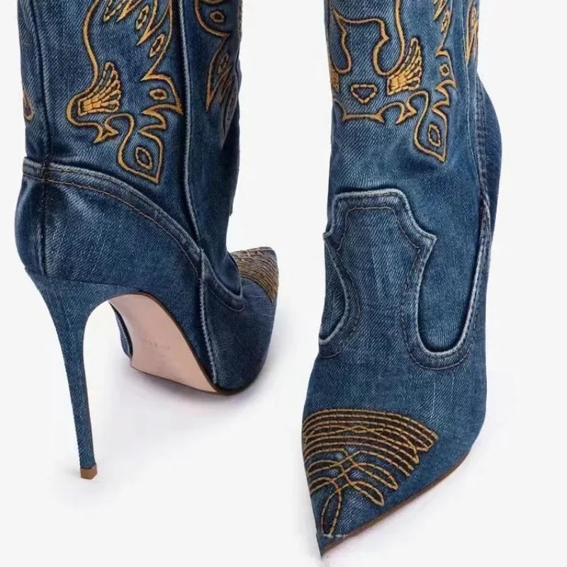 Western European Cowboy Style Pointed Stiletto High Heels Embroidered Knight Fashion Boots Women's Sexy Water Diamond Boots