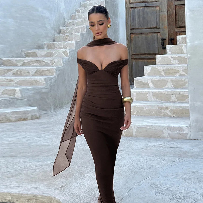 Blifanbo Sexy Elegant Ribbon Maxi Dress For Women Strapless Off-shoulder Sleeveless Backless Fashion Patchwork Party Long Dress