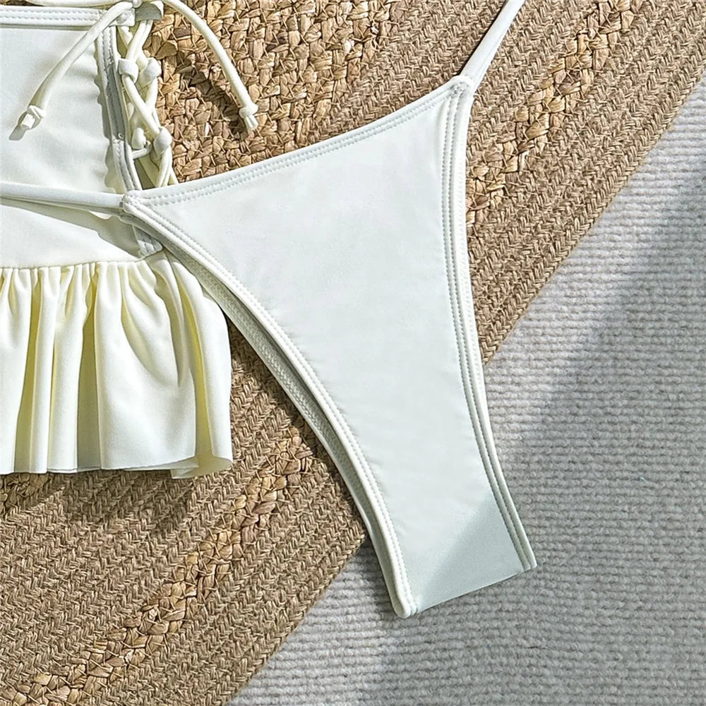 Solid White 3D Flower 3 Piece Bikini Set Skirts Mini Skirts Cover Ups Sexy Swimsuit Women 2025 Swimsuit Beachwear Thong Bikini