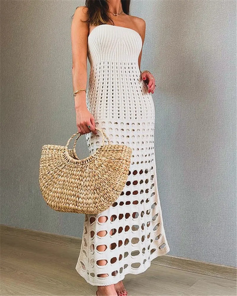 Mozision Strapless Off-shoulder Hollow Out Knit Maxi Dress For Women Gown Fashion Sleeveless Backless Beach Skinny Long Dress