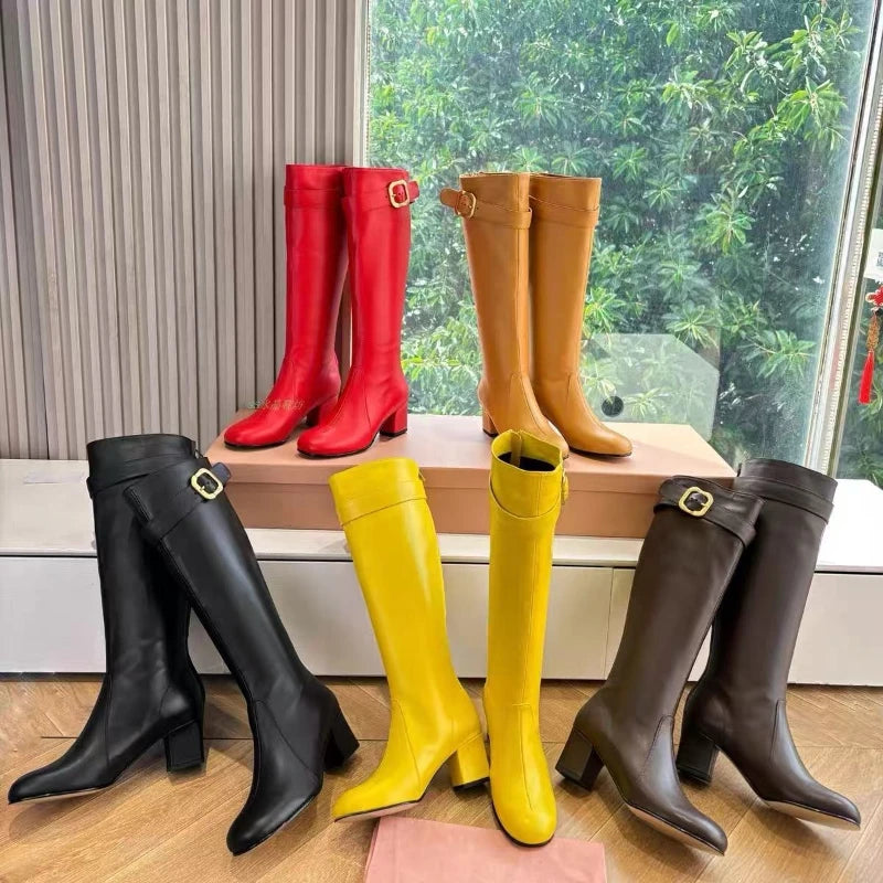 European and American Sexy Hot Girl Belt Buckle Thick High Heels Round Toe Back Zipper Knee Highboots Women's Retro Elasticshoes