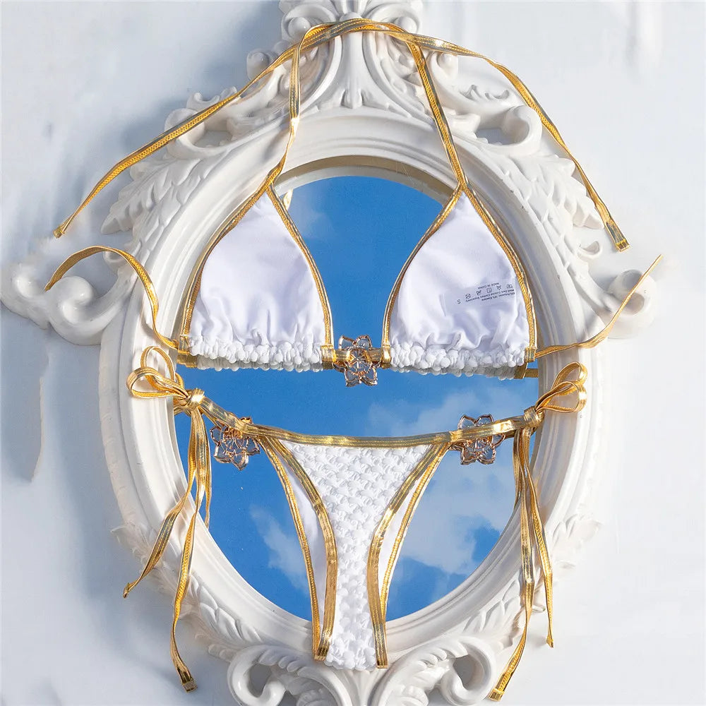 Metal Flower Ornament Sexy Swimsuit Women Halter String Triangle Micro Bikini Thong Swimwear Bathing Suit White Bikinis Sets