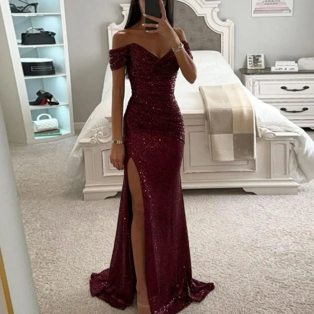 2025 Elegant Off-shoulder Gown Dress V-Neck Sequin Pleated Short Sleeve Waist Tight Maxi Dress Split Evening Party Prom Dress