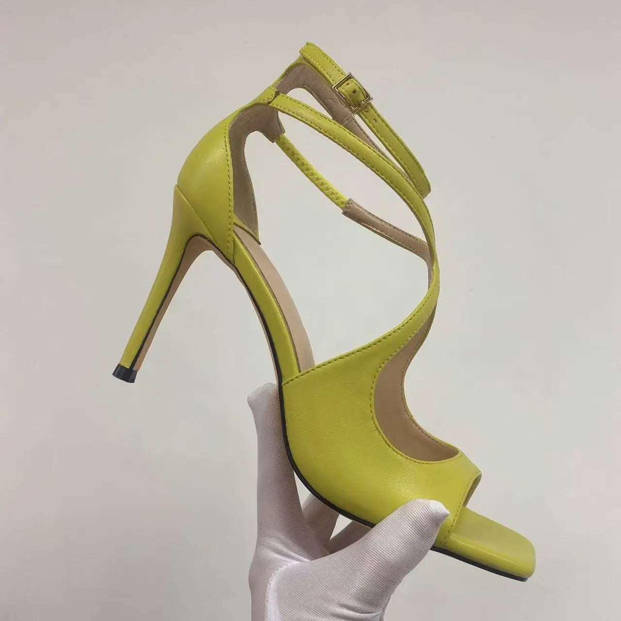 2025 Women's Spring/Summer New Style Glitter Material Fairy Style Cross Buckle with Stiletto High Heels and Open Toed Sandals