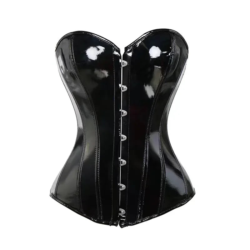 Black PVC Vinyl Corset Plus Size Women Sexy Overbust Bustiers Top Shiny Leather Lingerie Steampunk Corselet Lace Up Korsett Wofashion.xyz