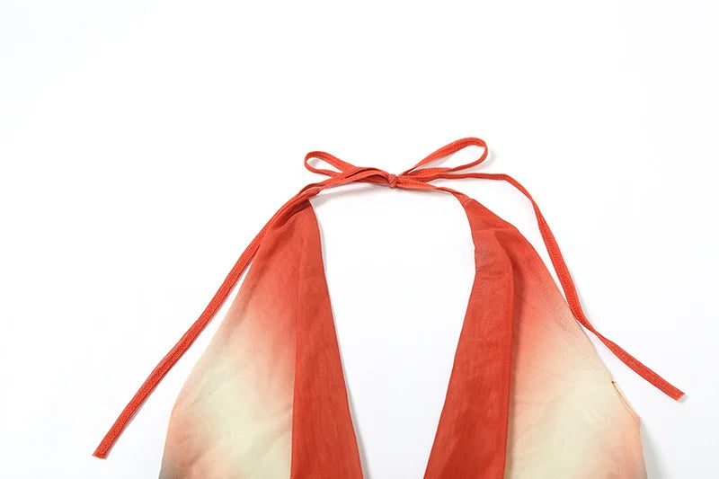 Mozision Print Sexy Mesh Halter Skirt 2 Pieces Sets For Women Off-shoulder Sleeveless Backless Tops And Skirt Two Pieces Sets