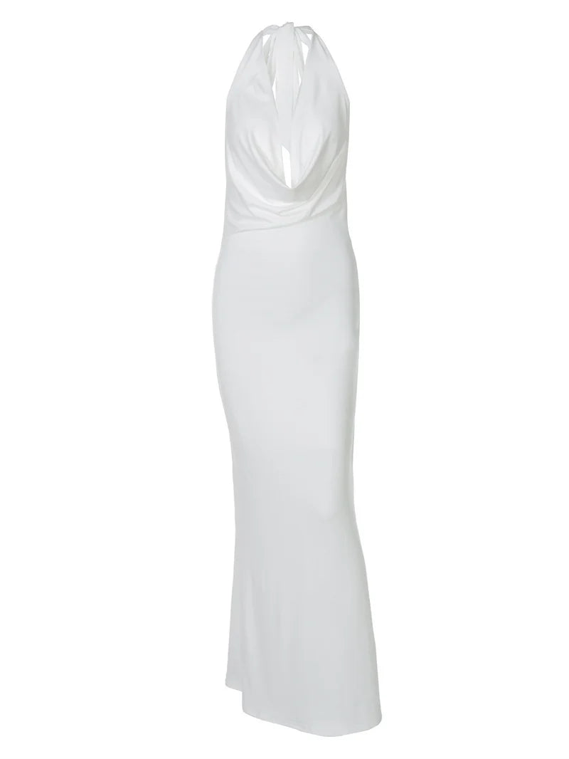 Mozision Deep V-neck Lace-up Sexy Maxi Dress For Women Elegant Off-shoulder Sleeveless Halter Fashion Backless Club Party Dress