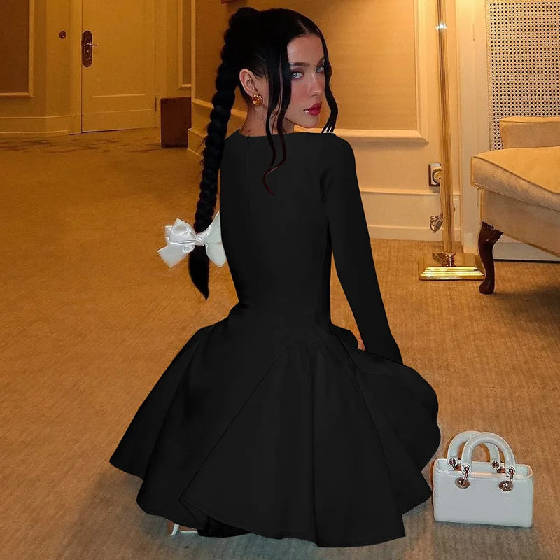 NIDANSSI Red Long Sleeve Evening Party Dress Women 2024 Pleated Robes Elegant Sexy Dress Bodycon Mini Winter Dress Vestidos