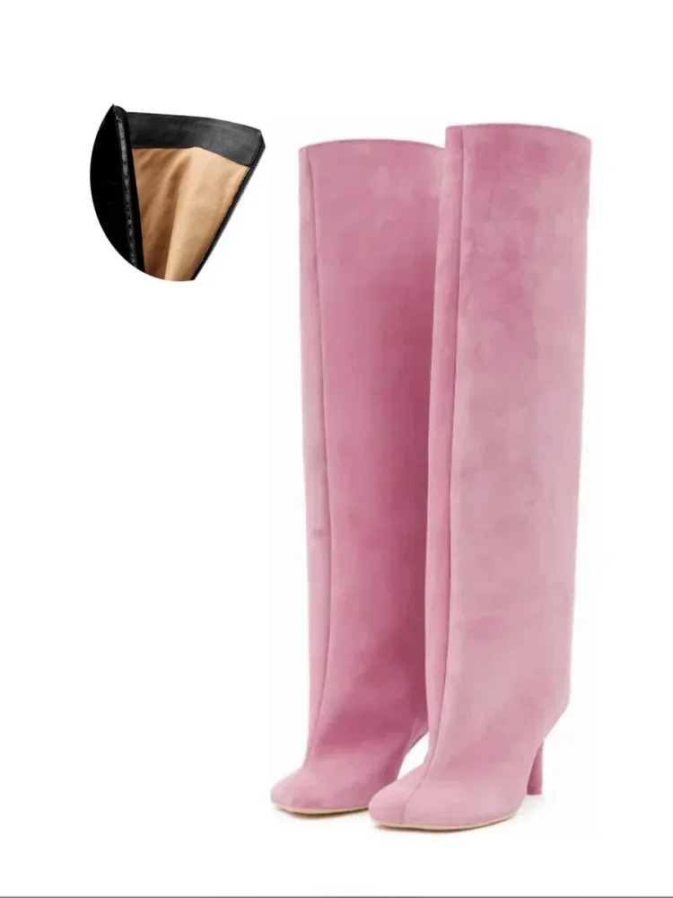 2024 European and American Fashion Stiletto Heels Wide Leg Knee Sleeve Boots Women's Square Head Suede Warm Boots