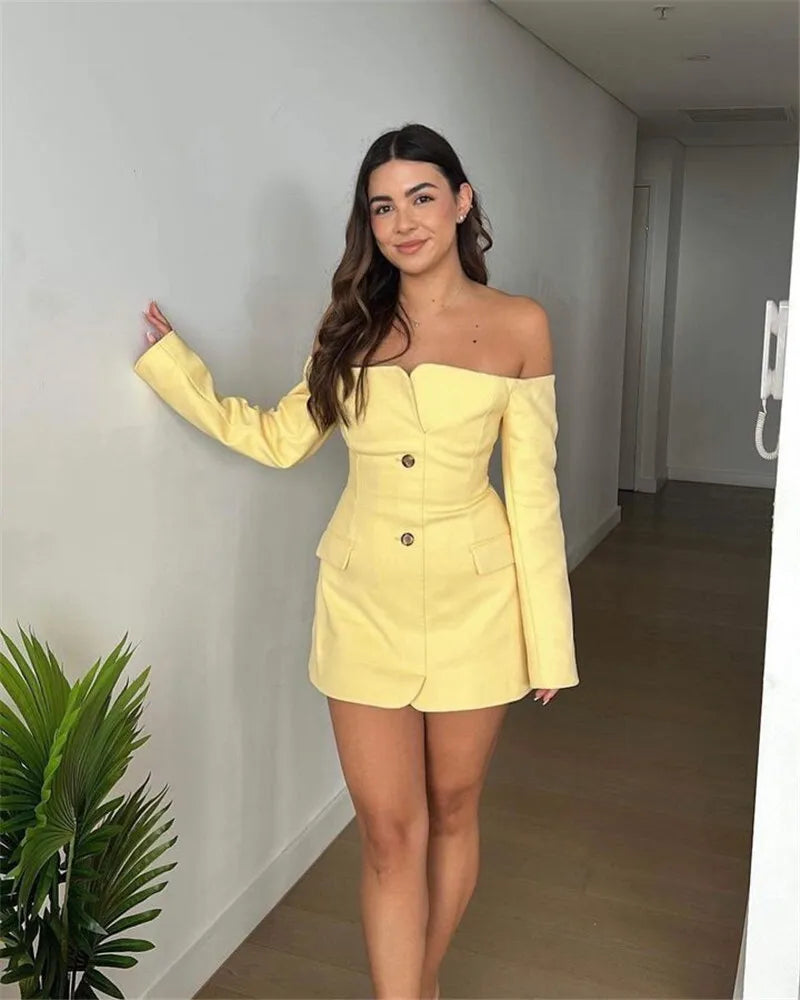Mozision Off-shoulder Strapless Sexy Blazer Dress For Women Fashion Solid Zipper Two Pocket Long Sleeve Backless Mini Dress