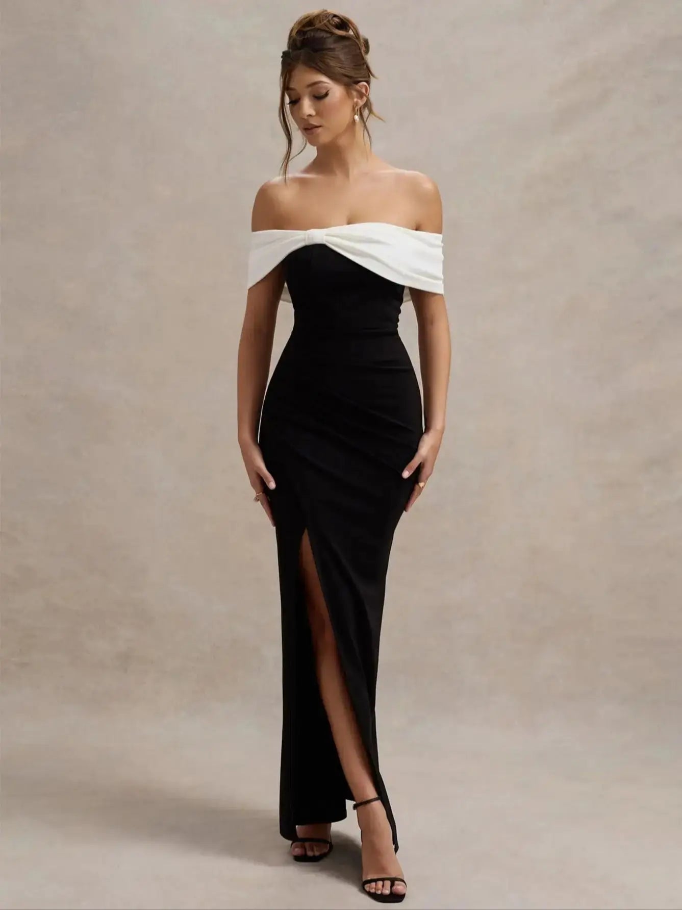 Women's Summer Sexy Off Shoulder Bow Slit Maxi Long Dress For Wedding Black and White Evening Dress Elegant Cocktail Party Dress
