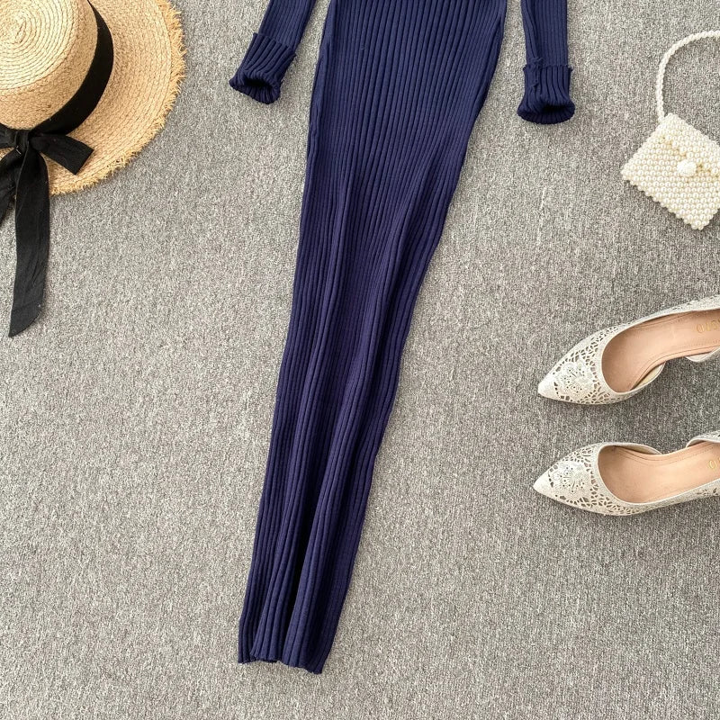 Women's Knitted Midi Dr Pure Color Long Sve Slim Fit High Waist V-Ne Korean Sle Faionable Autumn Winter Dr