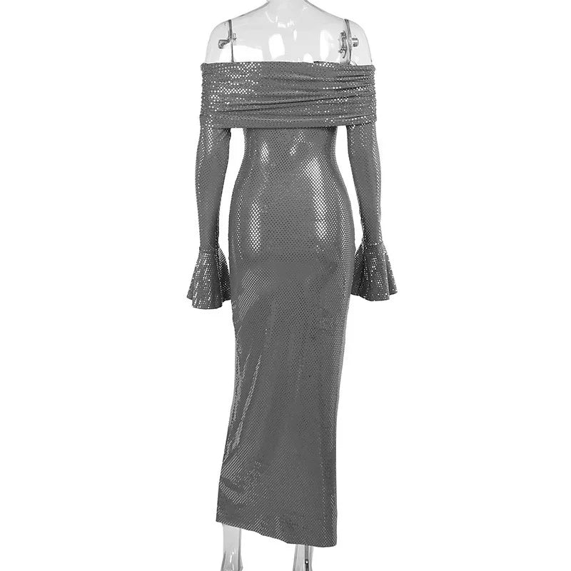 Mozision Elegant Strapless Sparkle Maxi Dress For Women Fashion Off-shoulder Backless Long Flare Sleeve Bodycon Club Party Dress