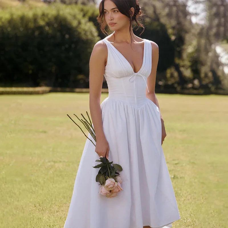 NIDANSSI White Pleated Lace Up Backless Holiday Casual Dress Women Elegant Sexy Dress Bodycon Midi Long Summer Dress Vestidos