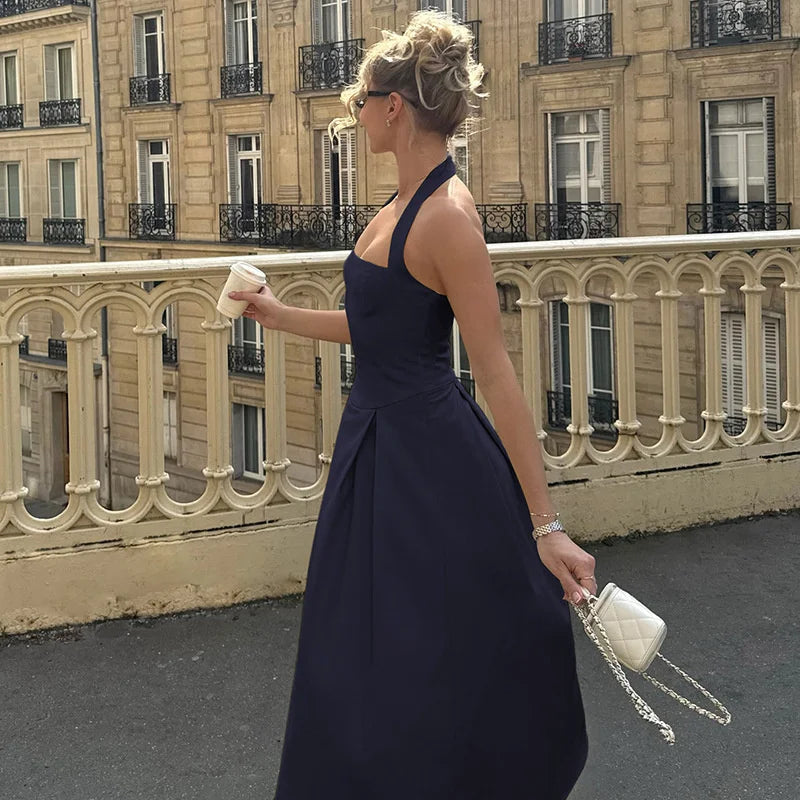 Mozision Halter Backless Sexy Midi Dress Women Fashion Solid Sleeveless High Waist A-line Club Party Pleated Long Dresses Female