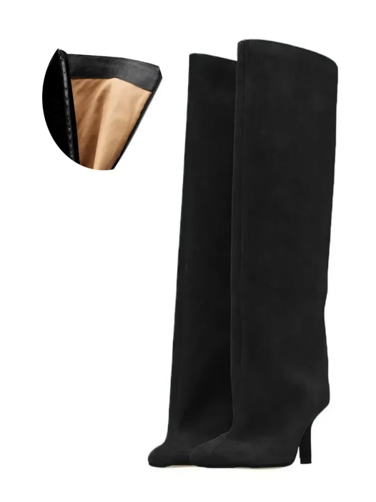 2024 European and American Fashion Stiletto Heels Wide Leg Knee Sleeve Boots Women's Square Head Suede Warm Boots