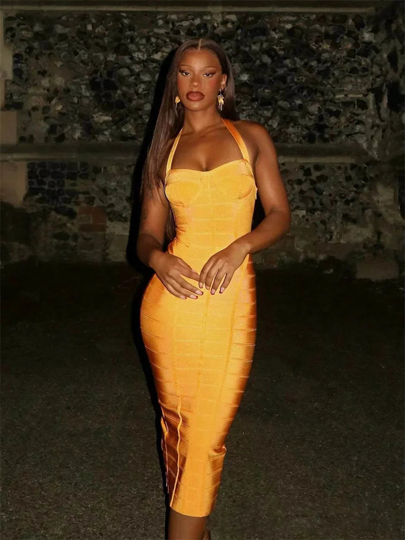 Mozision Backless Bandage Sexy Midi Dress Women Fashion Halter Off-shoulder Sleeveless Backless Bodycon Club Party Long Dress