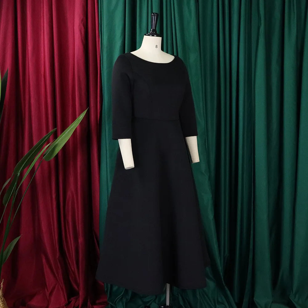 Elegant Party Dress for Woman 2024 Modern O Neck Three Quarter Sleeve High Waisted A Line Mid Calf Birthday Dinner Wedding Cloth