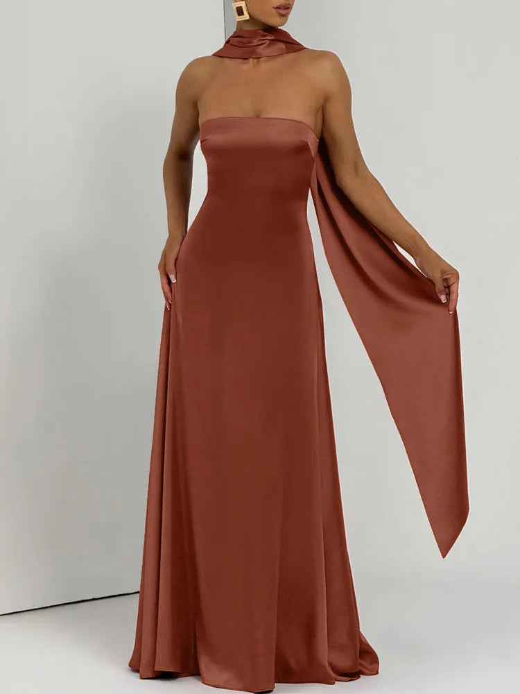 Mozision Off-shoulder Strapless Sexy Maxi Dress Women Gown Elegant Scarf Collar Sleeveless Backless Bodycon Club Party Dress Wofashion.xyz