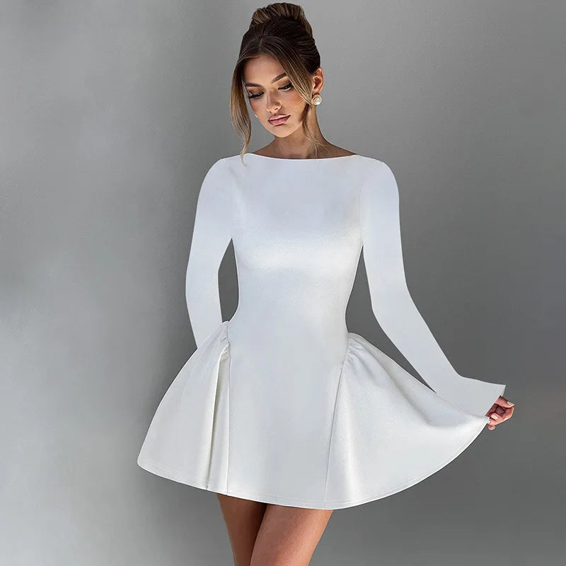 Mozision Elegant Long Sleeve Sexy Mini Dress For Women Solid O Neck High Waist A-line Bodycon Club Party Dress Clubwear New