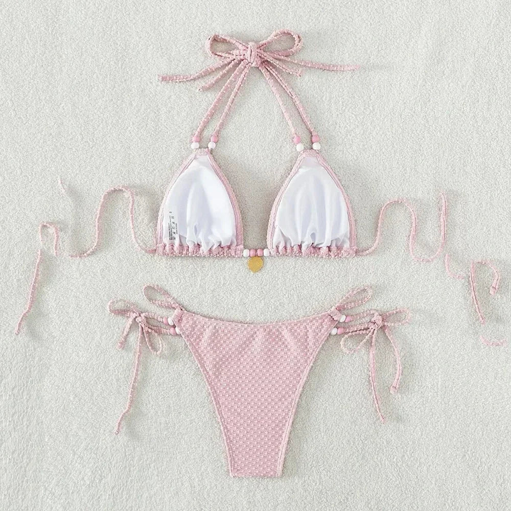 Sexy Pink Micro Thong Bikinis Sets Bead String Halter Swimwear Women Mini Swimsuit Bathing Suit Lace-up Biquinis Triangle Bikini