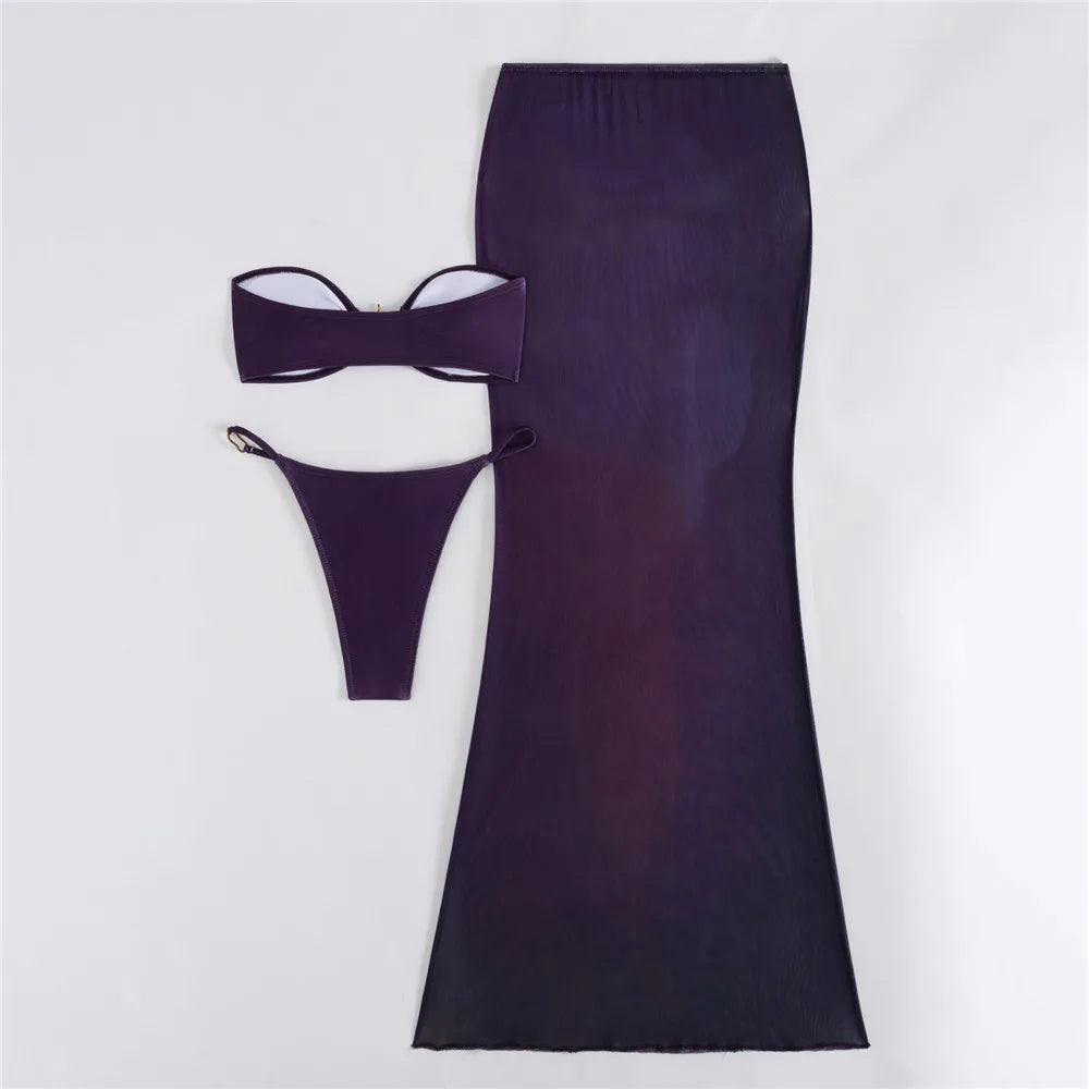 Metal Starfish Bandeau Bikinis Sets 3 Pieces Mesh Skirts Cover Up Micro Thong Swimsuit Women 2025 Beach Wear Bathing Suit Bikini