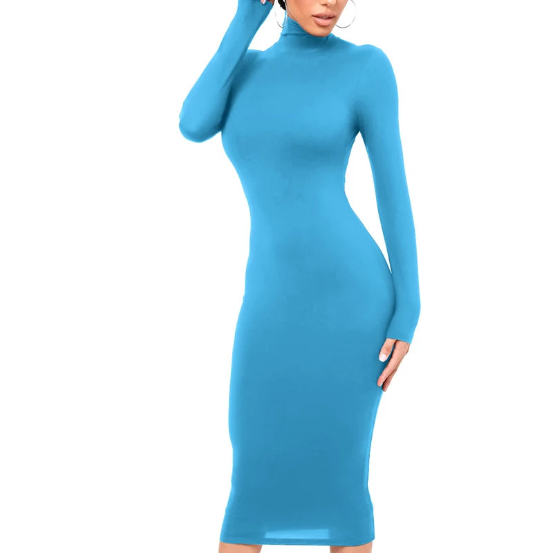 Winter Black Turtleneck Sexy Women Dress Autumn Long Sleeve Skinny Midi Boydcon Casual Blue Plush Knee-Length Party Club