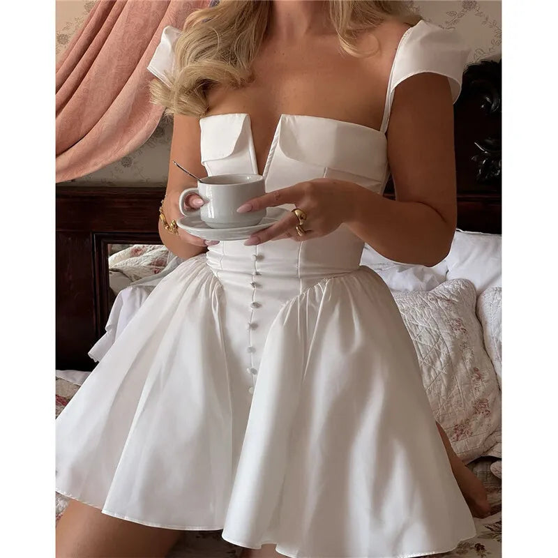 Mozision White Backless Sexy Mini Dress For Women Fashion Square Collar Short Sleeve High Waist A-line Club Party Sexy Dress