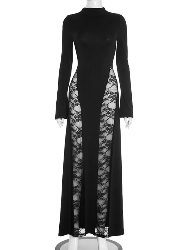 Mozision Lace See Through Long Sleeve Sexy Maxi Dress Women Black Patchwork Hollow Out High Waist Bodycon Club Party Long Dress