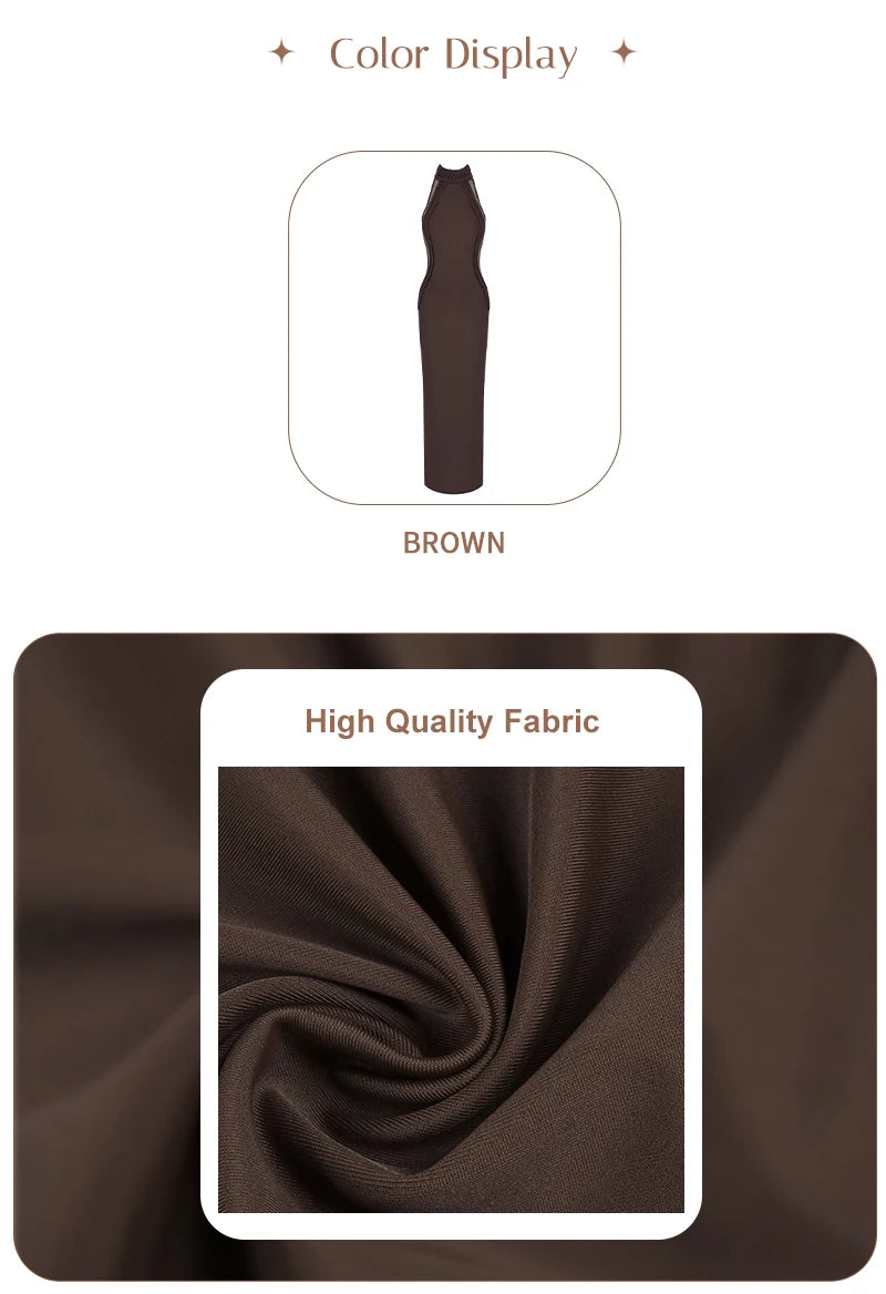 Luxury Sheer Corset Brown Long Dresses for Women – Long Sleeve High Neck See Through Bodycon Maxi Dress with Mesh Waist Detail