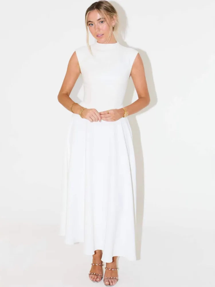 Mozision Sleeveless High Waist Sexy Midi Dress For Women Fashion Elegant Solid Pleated Club Party Long Dresses Female New