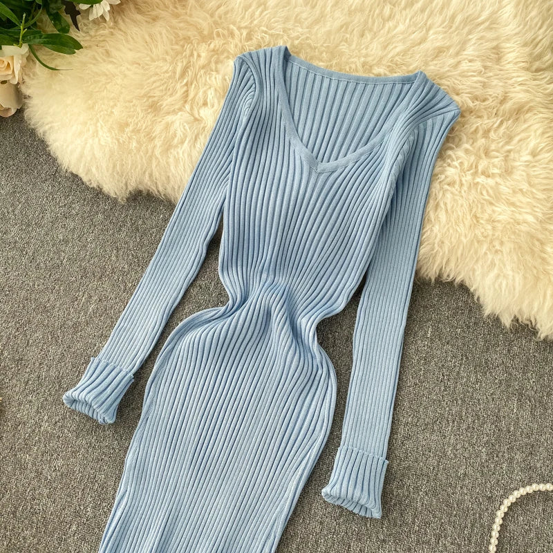 Women's Knitted Midi Dr Pure Color Long Sve Slim Fit High Waist V-Ne Korean Sle Faionable Autumn Winter Dr