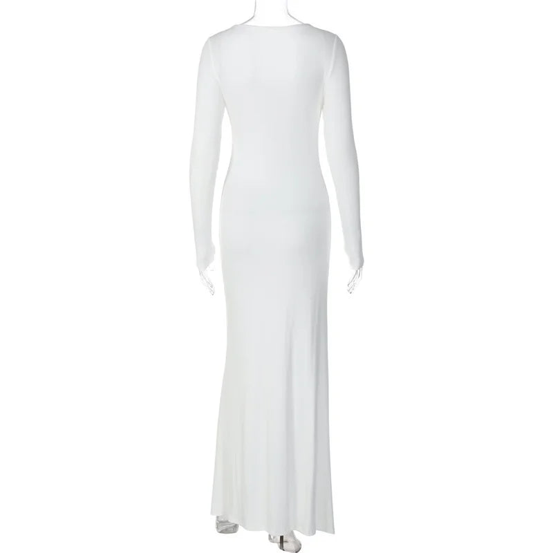 Mozision Square Collar Long Sleeve Sexy Maxi Dress For Women Autumn Winter White Single-breasted High Waist Bodycon Club Dresses