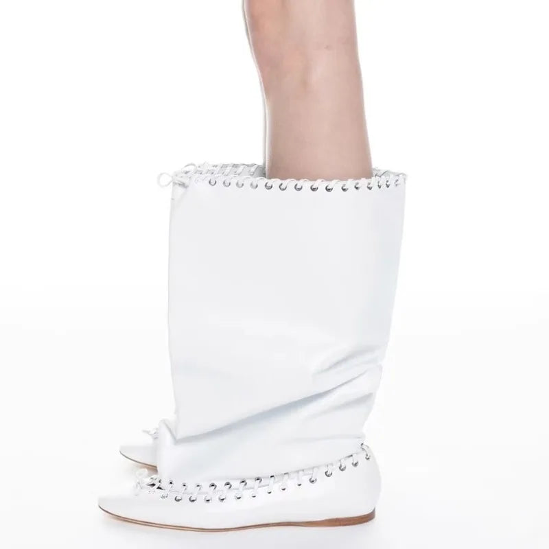 2025 Early Autumn New European and American Fashion Show Niche Fashion Slimming Wide Tube Height Increasing Pleated Pile Boots