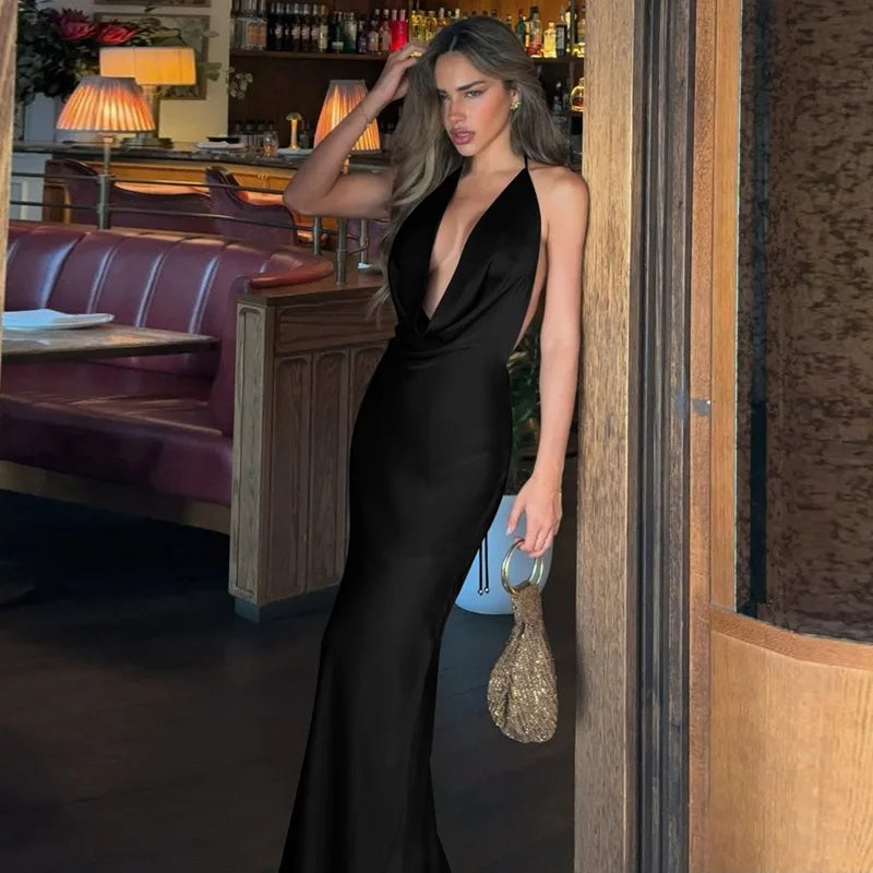 Talenza Sexy Deep V-Neck Long Dress Solid Fashion Ruched Lace Up Backless Slim Dress Elegant Vintage Luxury Party Evening Dress