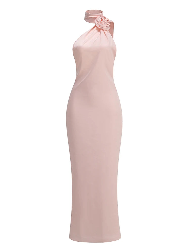 Sexy Halter Neck 3D Flower Design Backless Long Dress Women Purple Sleeveless Ribbon Draped Maxi Dresses Elegant Evening Party