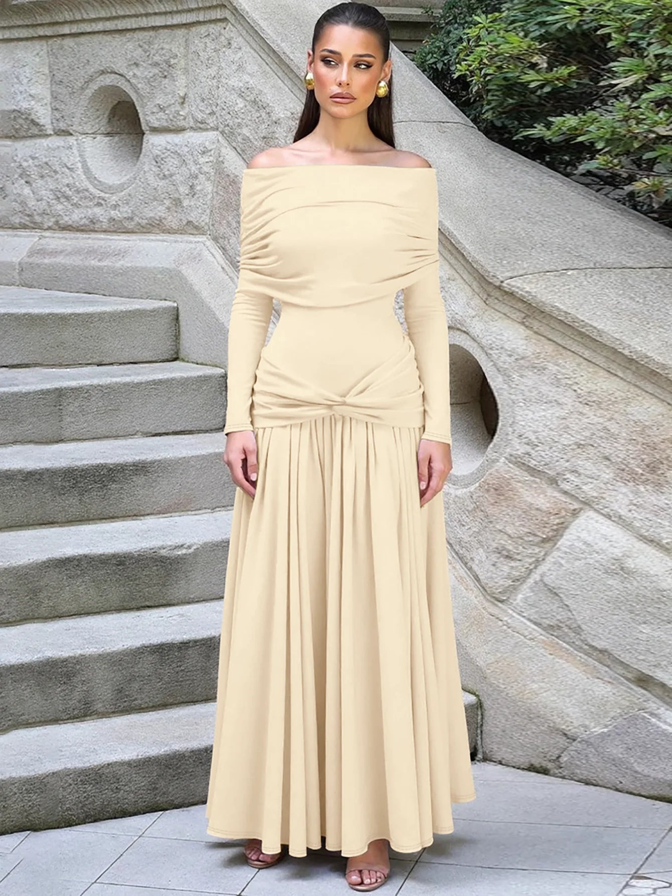 Dulzura Off Shoulder Long Sleeve Backless Ruched Slim Fit Pleated Long Dress Women'S Solid Sexy Dress Clothes Party Club Clothes