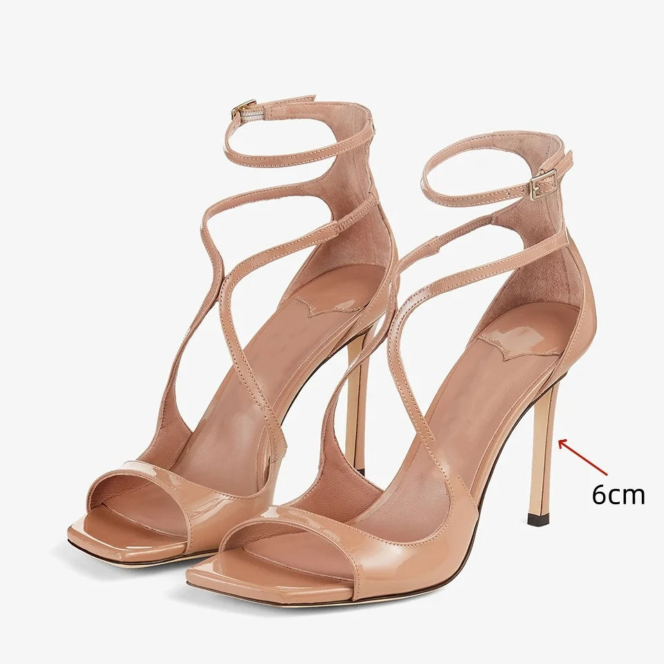 2025 Women's Spring/Summer New Style Glitter Material Fairy Style Cross Buckle with Stiletto High Heels and Open Toed Sandals