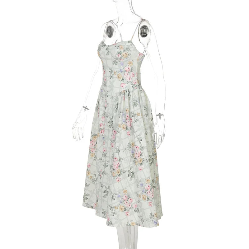 Mozision Spaghetti Strap Print Midi Dress Women Fashion Off-shoulder Sleeveless Backless A-line High Waist Pleated Long Dress