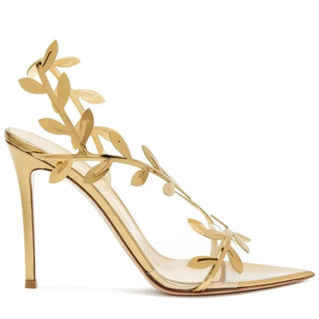 2025 Women's Summer New Style Lacquer Leather Leaf Fairy Style Strap Stiletto High Heels Pointed Open Toe Fashion Sandals